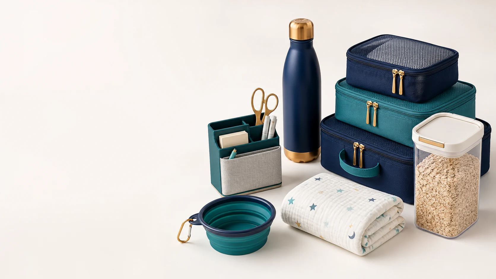 Curated everyday essentials arranged in a clean studio setting